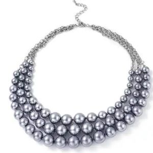 Simulated Gray Pearl Triple Row Necklace 20 Inches in Silvertone